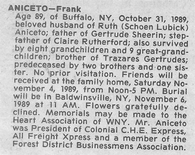 Franks Obituary supplied by Scott Frederickson