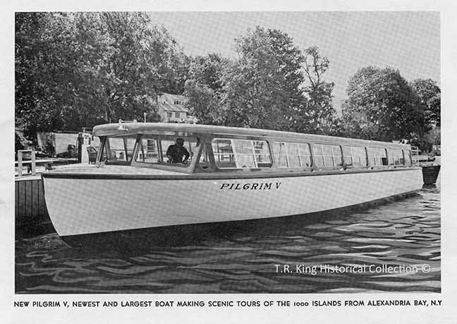 “Pilgrim V” was the flagship of the Pilgrim Boat Tours line and was one of the larger single deck wooden tour boats built. She later became “Uncle Sam VIII” and “Miss Clayton IV”.
