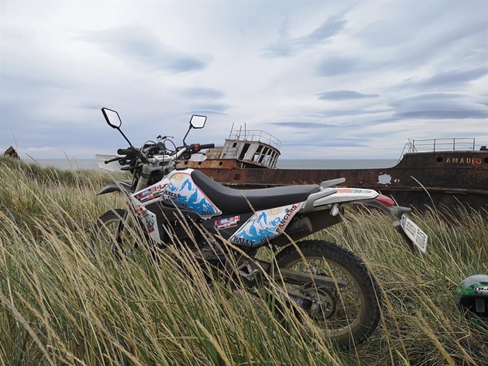 December 10th photograph of Mike's motorcycle. He stopped to check out the beached ship. 